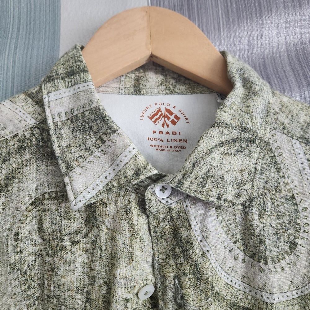 Fradi Italy Mens 100% Linen Paisley Shirt Olive Green Long Sleeve Size 16.5 42